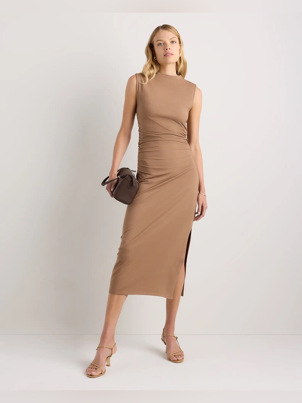 NEW Quince Cotton Stretch Mock Neck Midi Dress Mocha Brown XL Ruched Side Slit